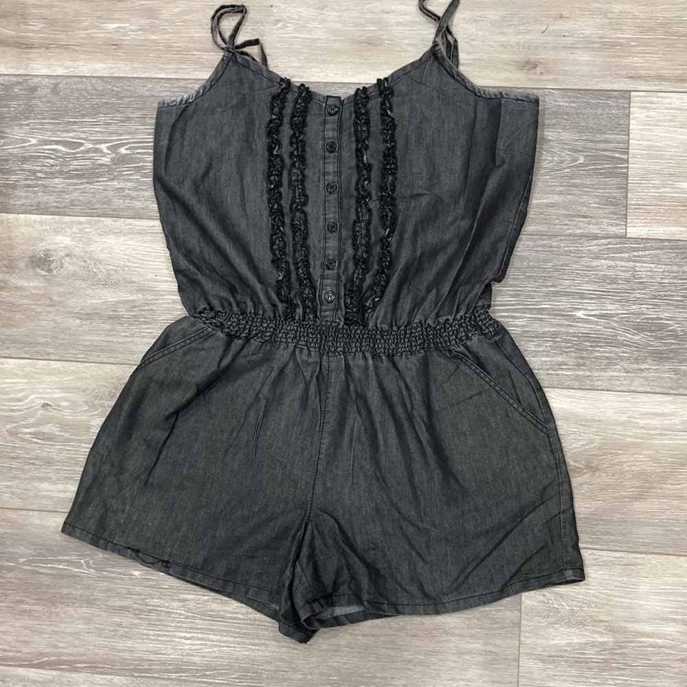 Cato Dark Denim Adjustable Spaghetti Strap Romper  Medium